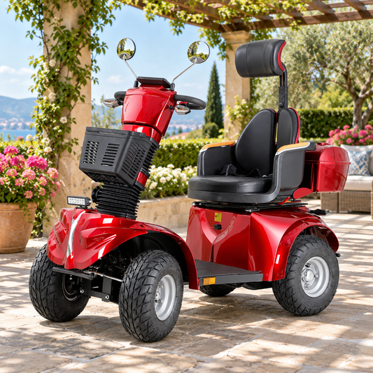 Red DJD2D foldable electric mobility scooter with headrest, front basket and lockable rear box on a garden terrace