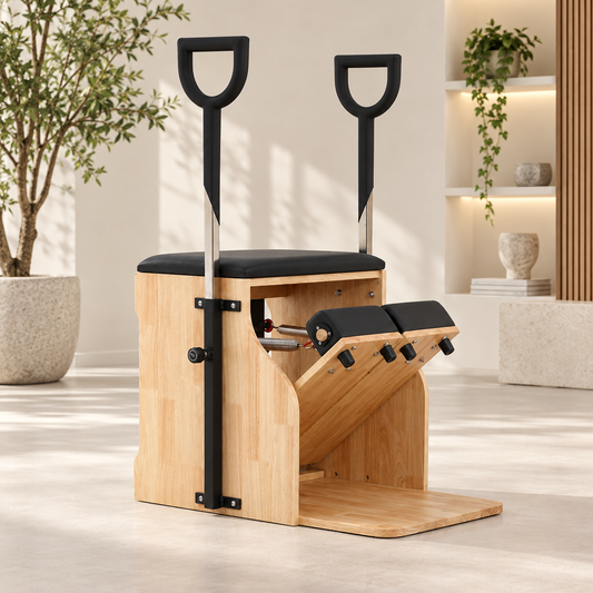 Black wooden Pilates Wunda chair with rubberwood frame, split pedals and dual D-grip handles in a bright studio