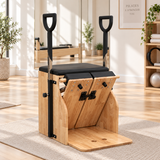 Front view of a black wooden Pilates Wunda chair showing split pedals, connector bracket and rubberwood footplate