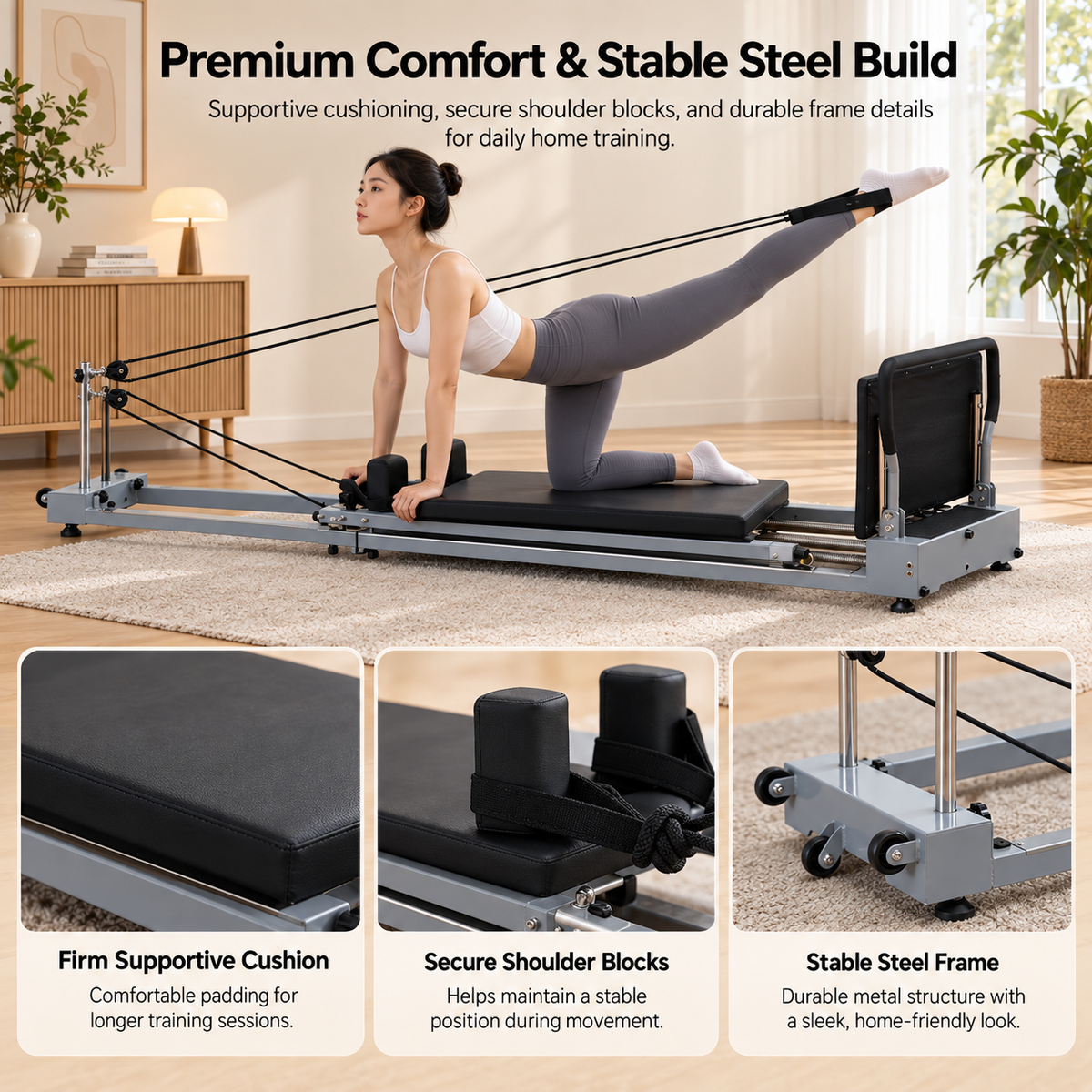 Woman doing a kneeling leg kickback on a grey foldable Pilates reformer, with cushion, shoulder block and frame close-ups
