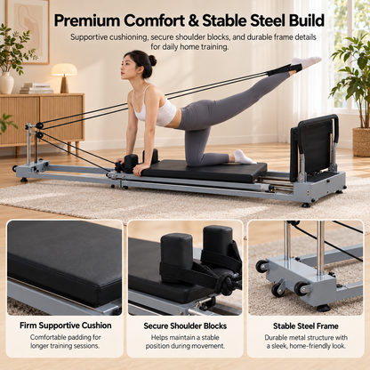 Woman doing a kneeling leg kickback on a grey foldable Pilates reformer, with cushion, shoulder block and frame close-ups