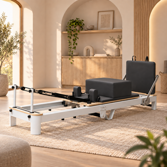 Foldable aluminium Pilates reformer with black PU leather cushions, sitting box and jump board in a warm living room