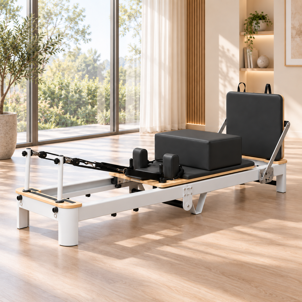 Foldable aluminium Pilates reformer with black cushions, sitting box and jump board in a bright studio with garden views