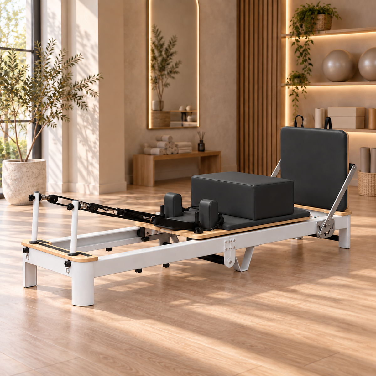 Black and white aluminium Pilates reformer with sitting box and shoulder rests in a warm, softly lit home studio