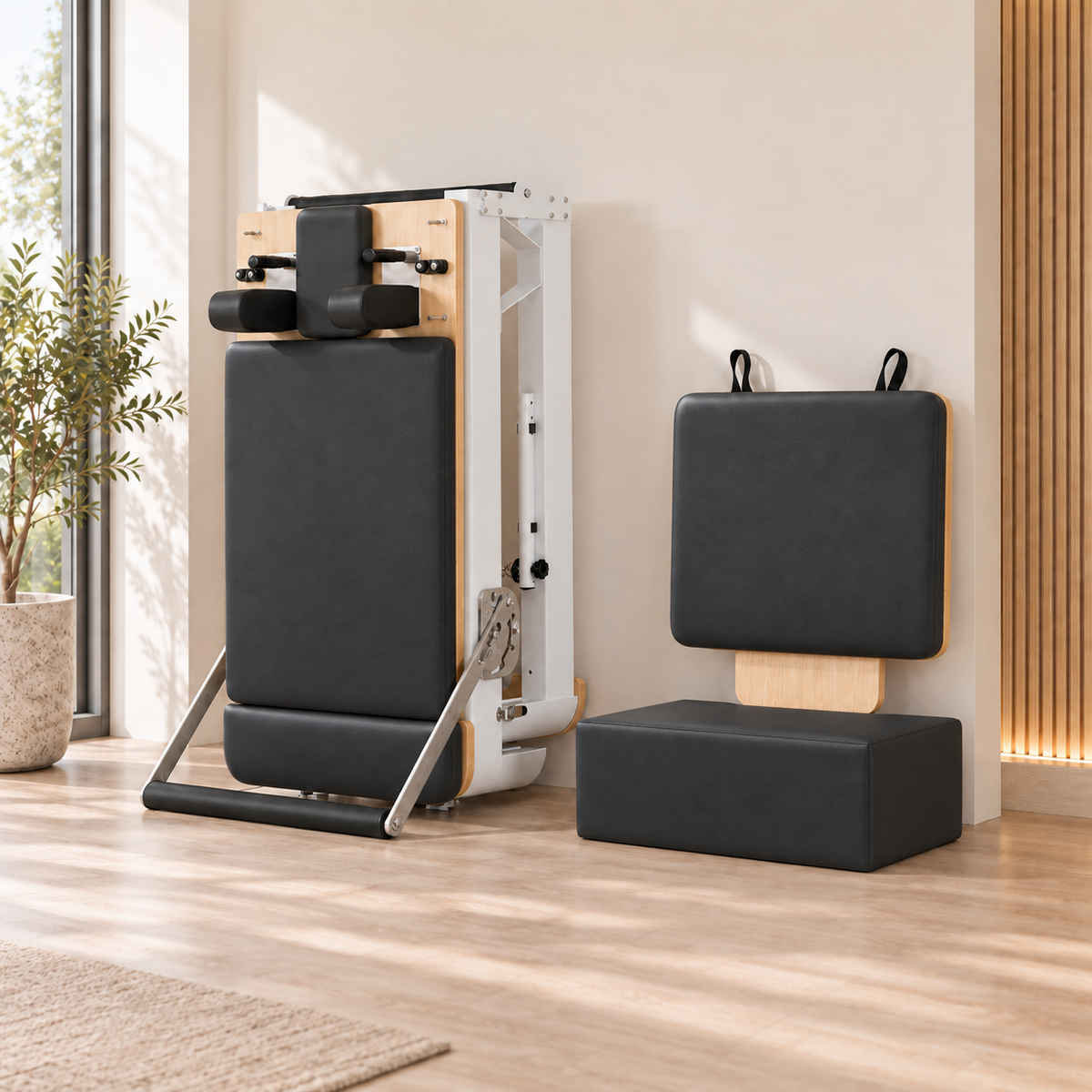 Aluminium Pilates reformer folded upright against a wall, with its jump board and sitting box stored beside it