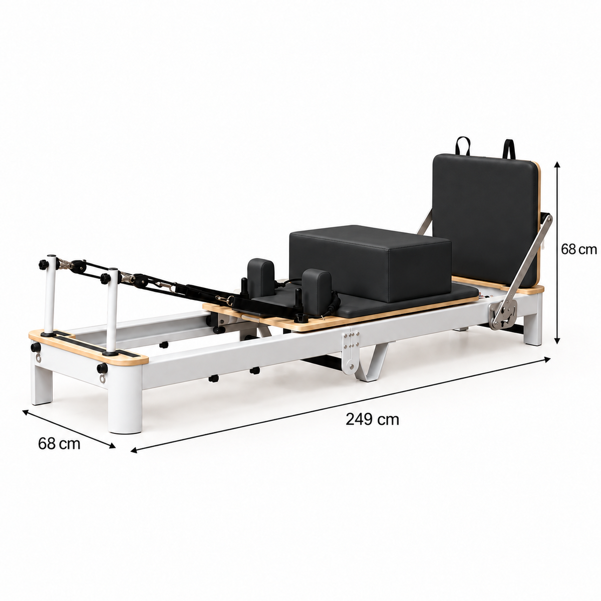 Aluminium Pilates reformer on white showing its dimensions: 249 cm long, 68 cm wide and 68 cm high
