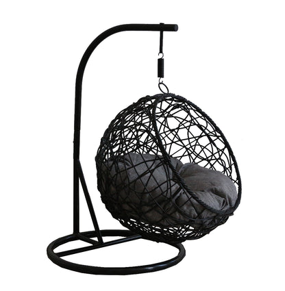 Black woven hanging chair with a gray cushion on a white background