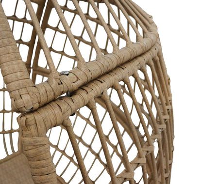 Close-up of a woven rattan chair with a neutral background