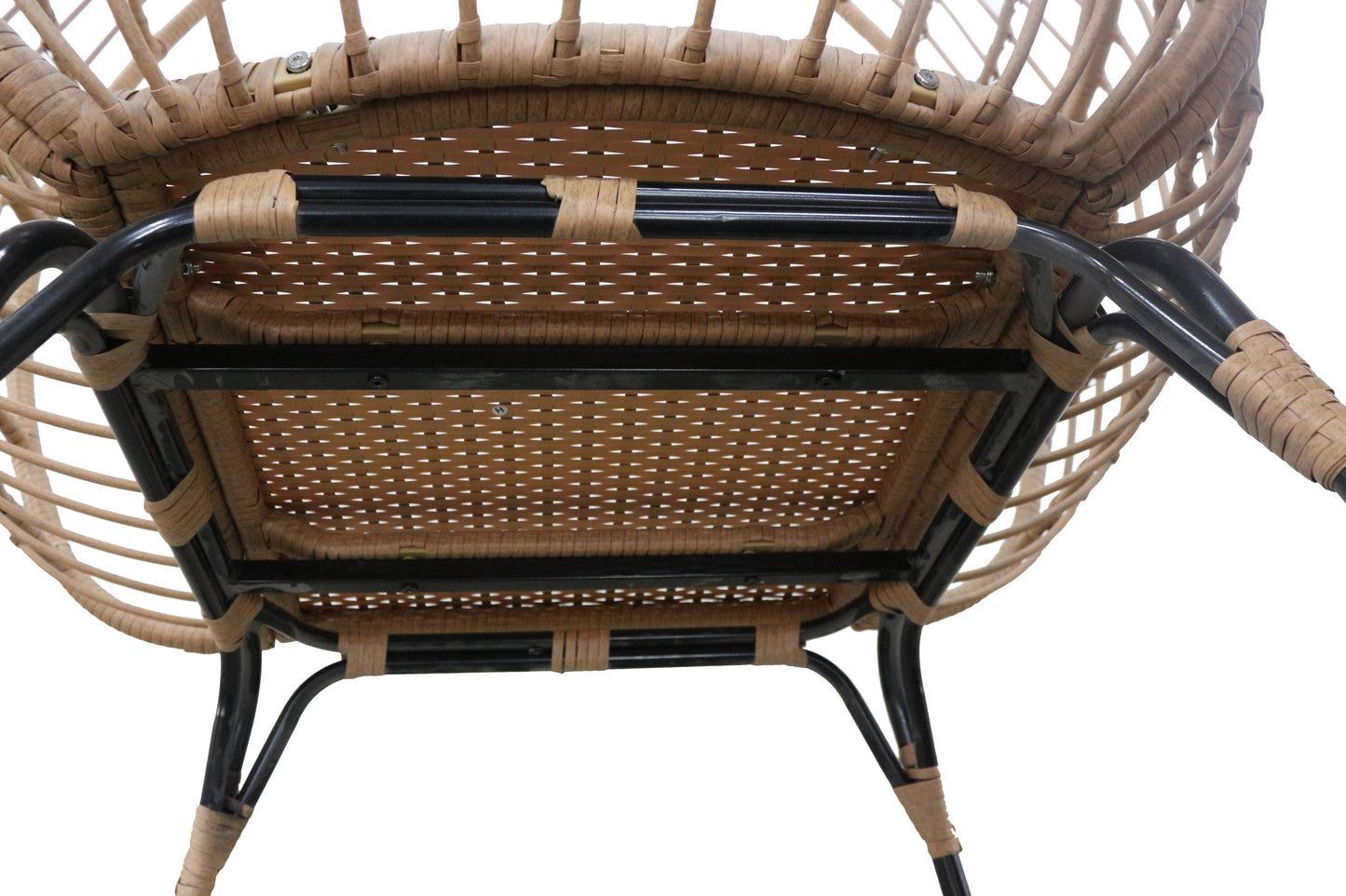 Close-up of a wicker chair with black metal frames on a white background
