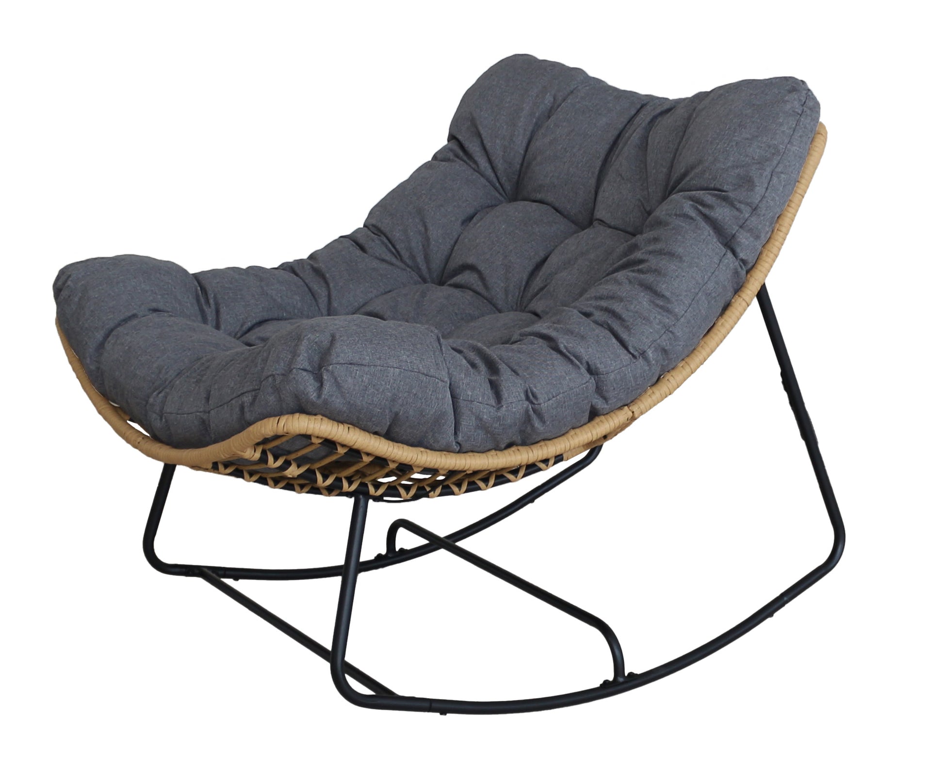 Futon chair with dark gray cushion and black metal frame on a white background