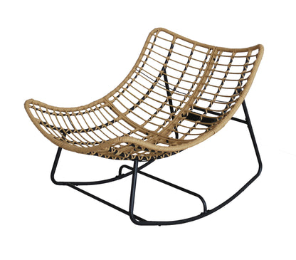 Woven chair with black metal frame on a white background