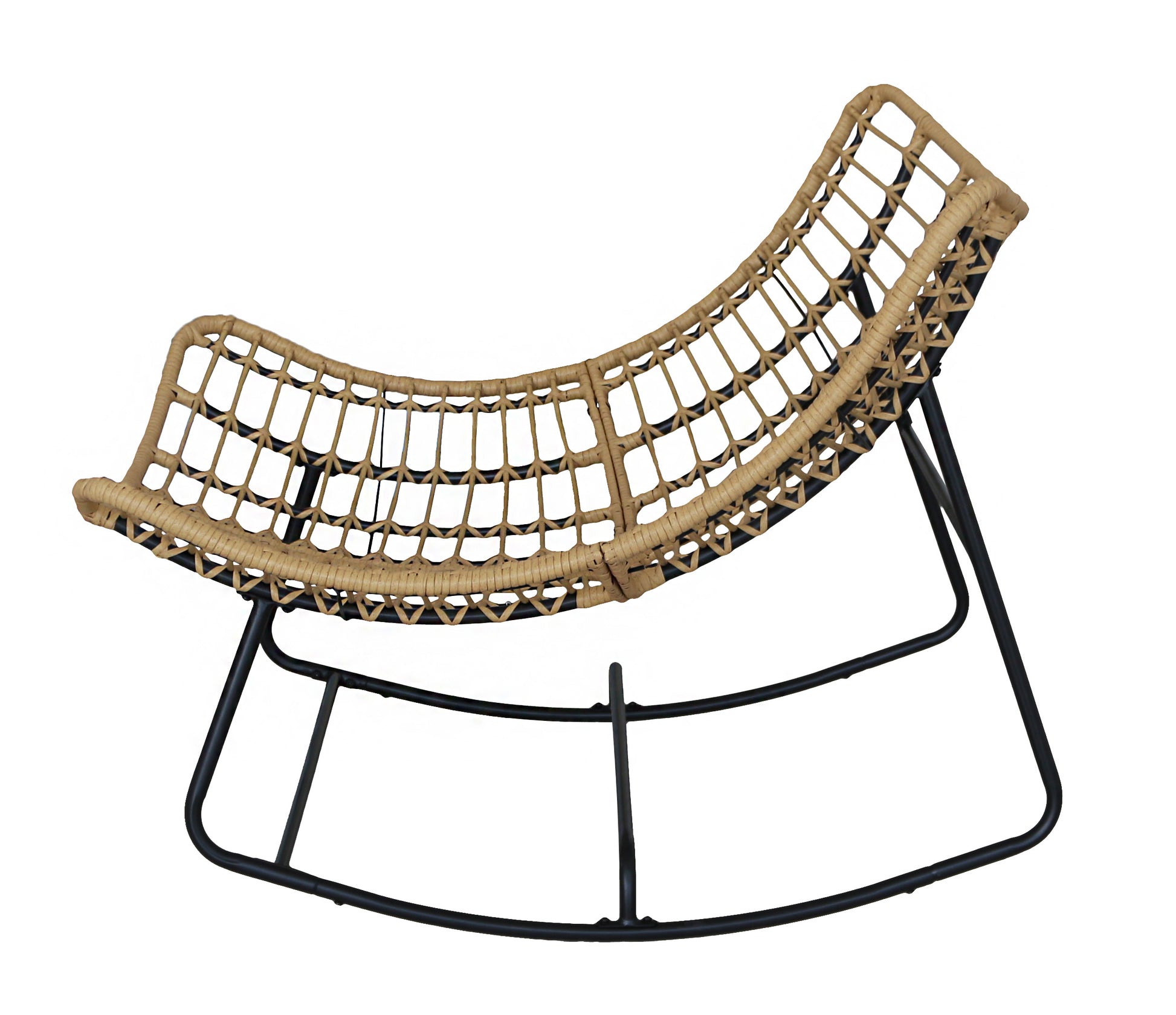 Curved rattan chair with black metal base on a white background