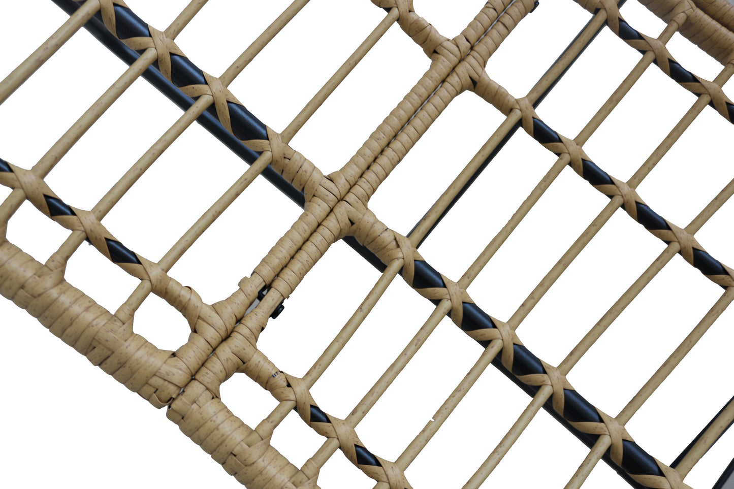Close-up of a woven mat with black and beige pattern on a white background