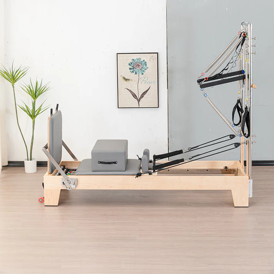 Professional Pilates Reformer with Tower – Rubberwood & 14-Spring Resistance System