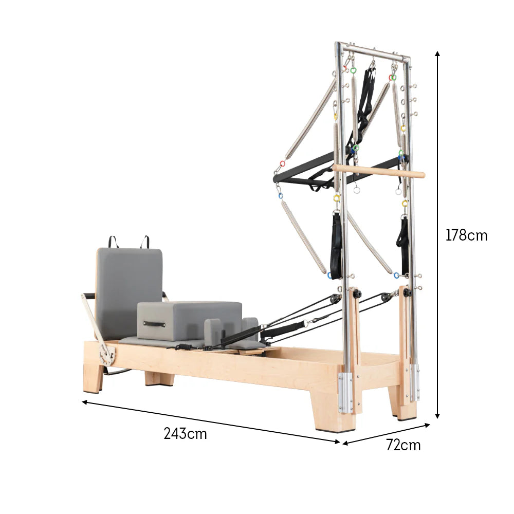Professional Pilates Reformer with Tower – Rubberwood & 14-Spring Resistance System