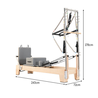 Professional Pilates Reformer with Tower – Rubberwood & 14-Spring Resistance System