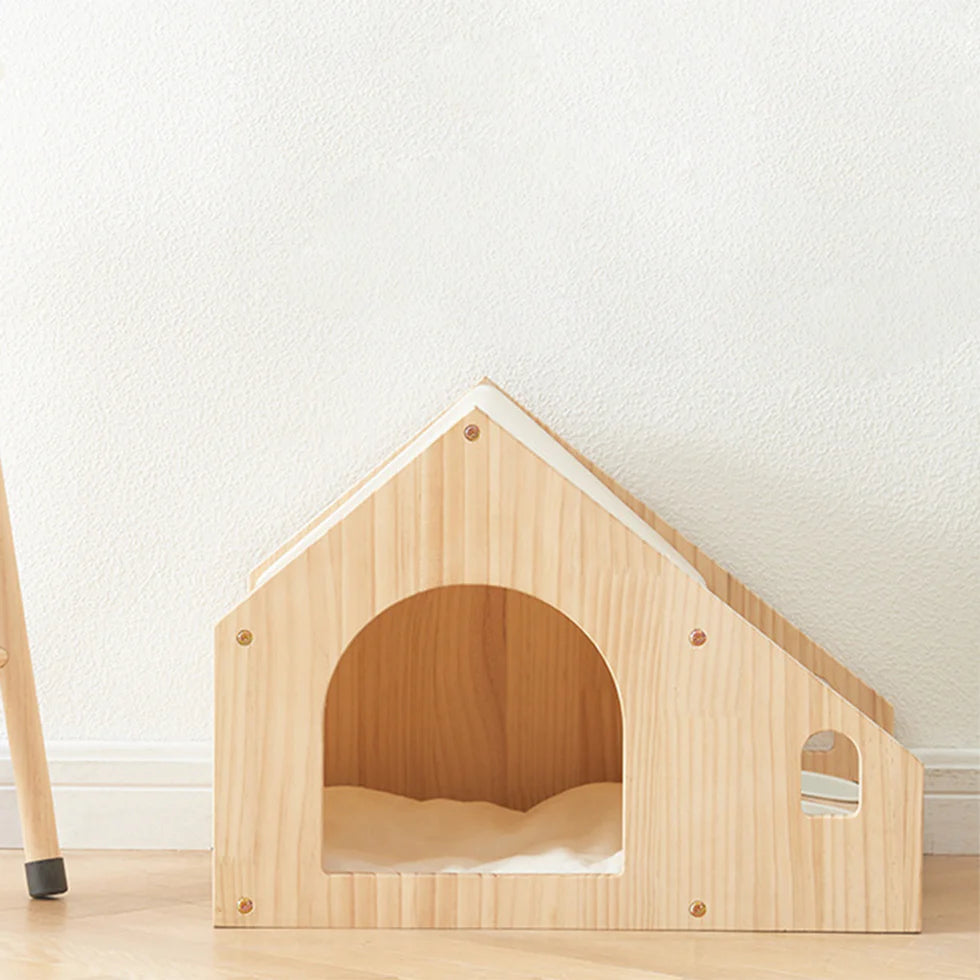 Pet House with Dining Area 55cm | Wood Frame Cat Dog Shelter