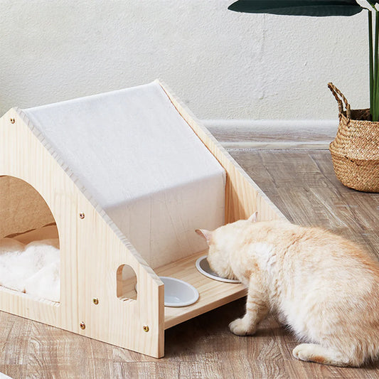 Pet House with Dining Area 55cm | Wood Frame Cat Dog Shelter