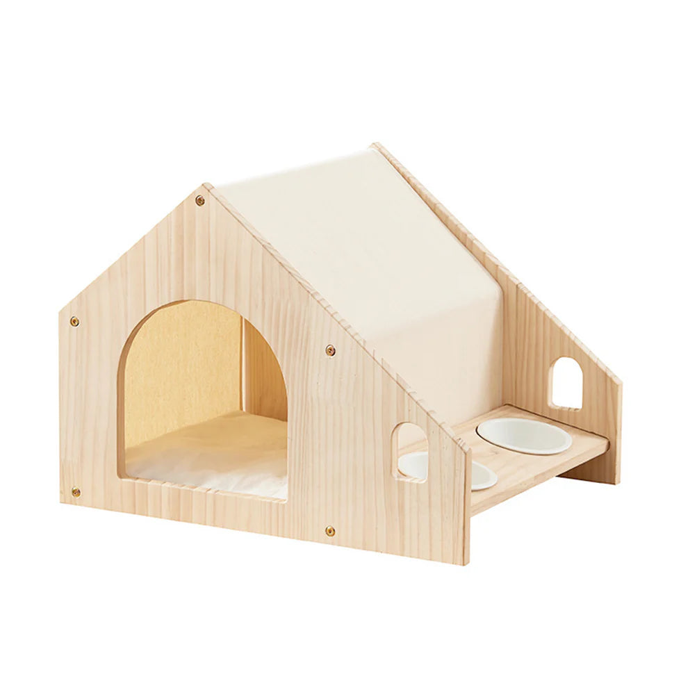 Pet House with Dining Area 55cm | Wood Frame Cat Dog Shelter