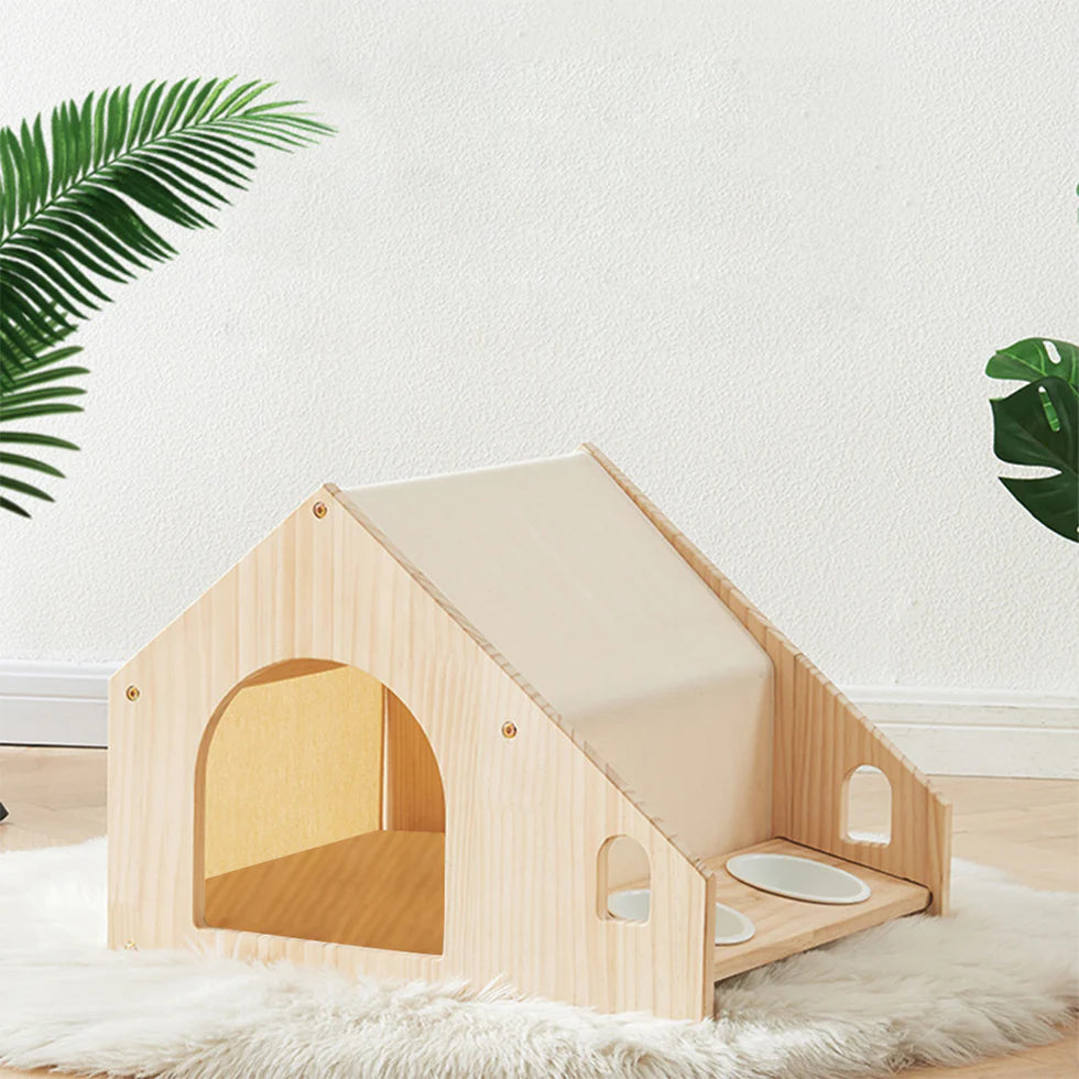 Pet House with Dining Area 55cm | Wood Frame Cat Dog Shelter