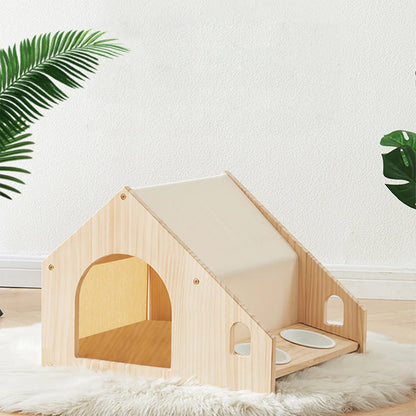 Pet House with Dining Area 55cm | Wood Frame Cat Dog Shelter