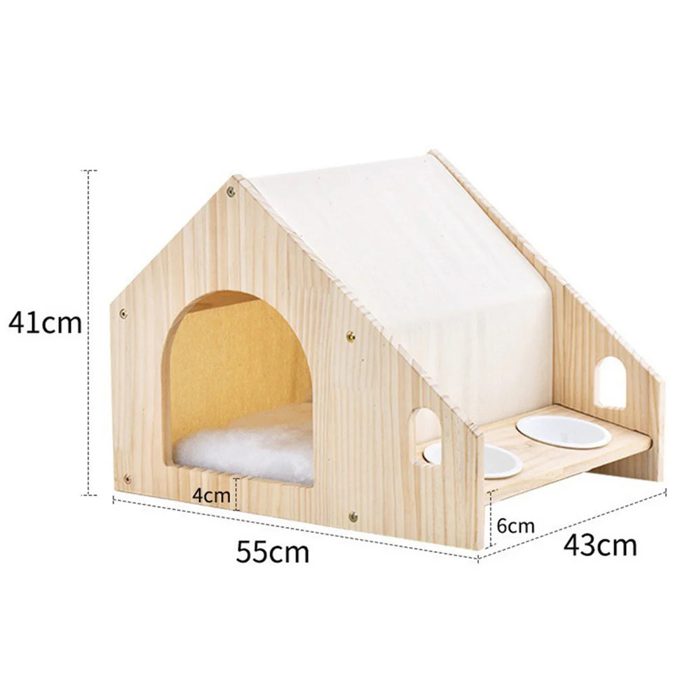 Pet House with Dining Area 55cm | Wood Frame Cat Dog Shelter