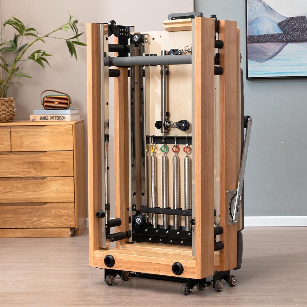 Foldable Solid Wood Frame Pilates Reformer – 6-Spring Resistance, Roll-Up Design