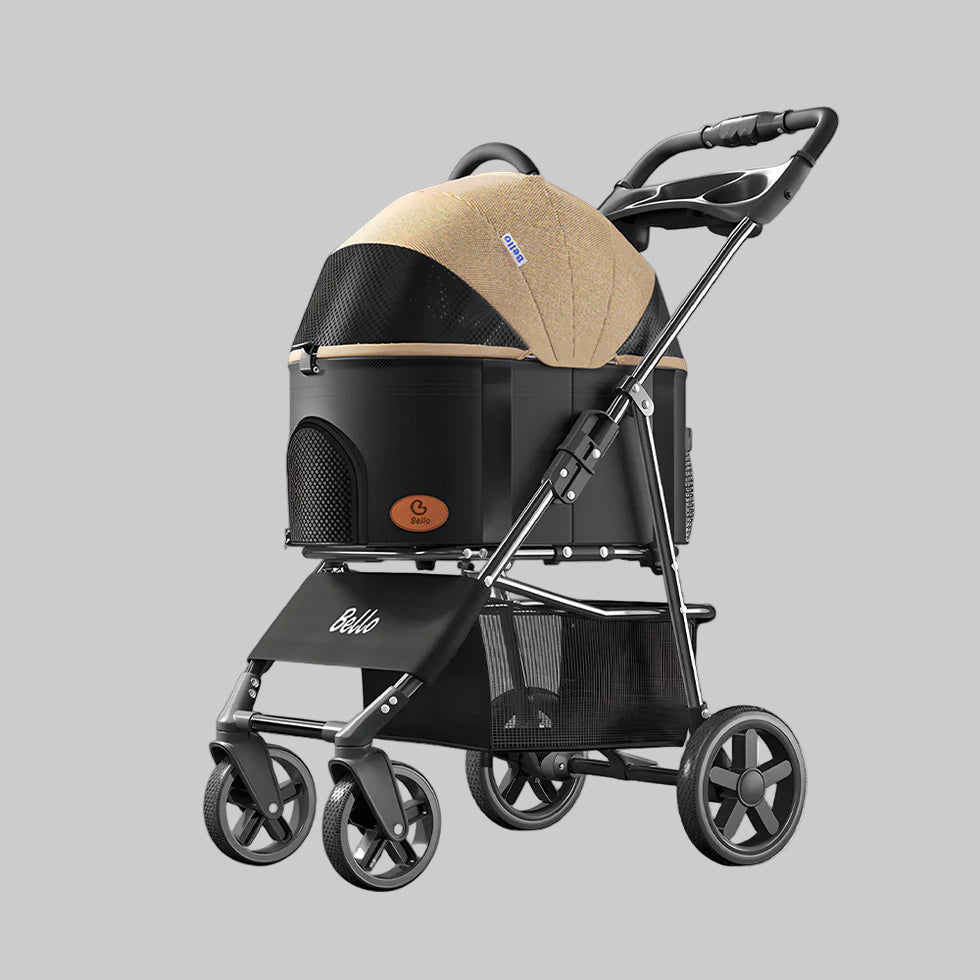 Pet stroller with beige canopy and black frame on a white background