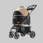 Pet stroller with beige canopy and black frame on a white background