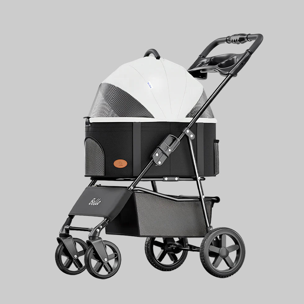 Pet stroller with a white canopy on a white background