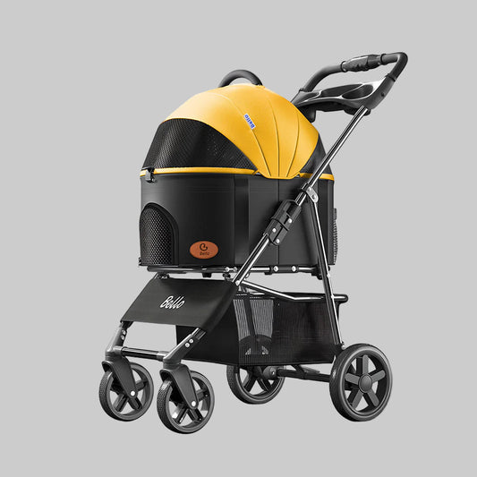 Pet stroller with yellow canopy and black body on a white background