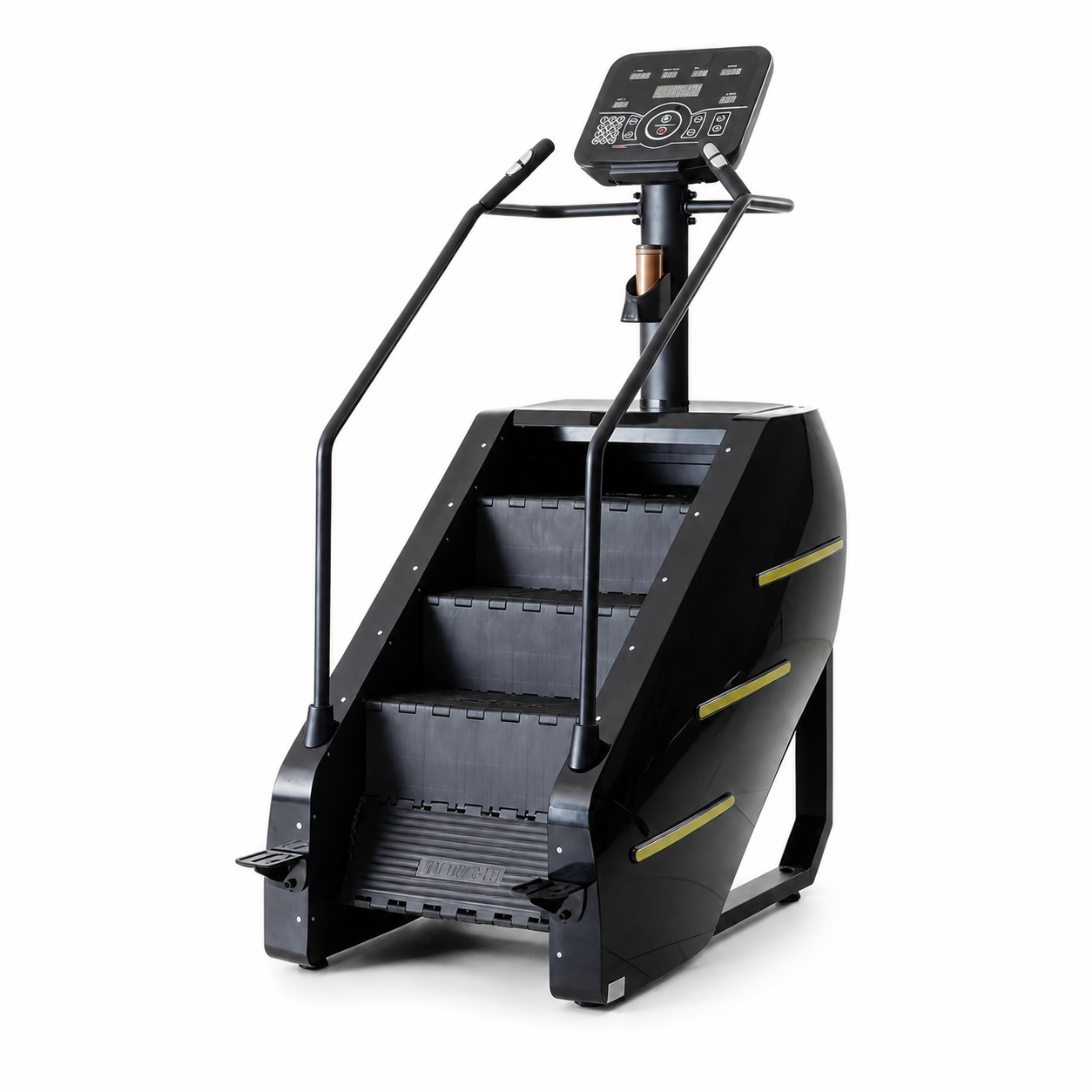 Black Stepmill stair climber machine for home gym on a white background