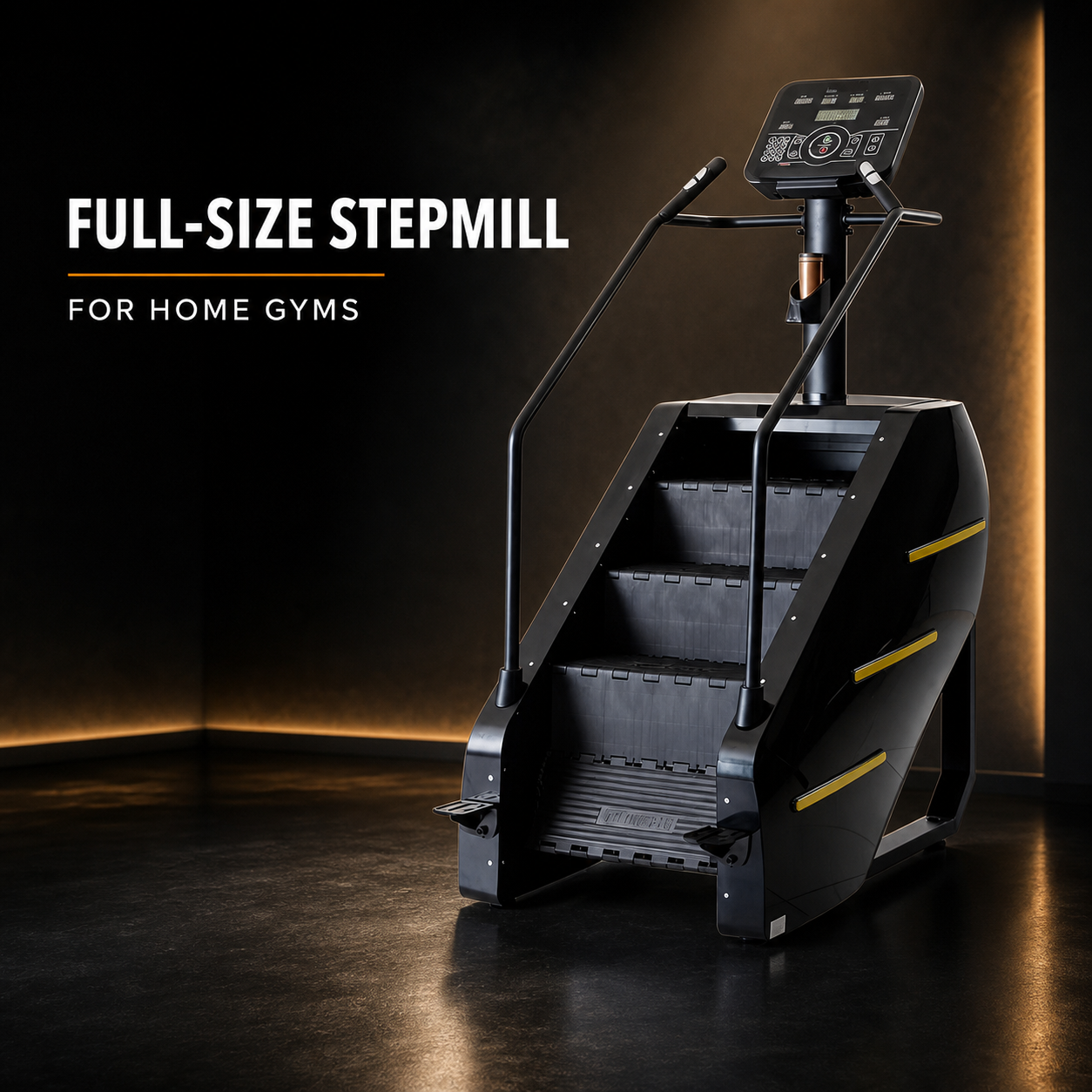 Black Stepmill stair climber for home gyms in a dark studio setting