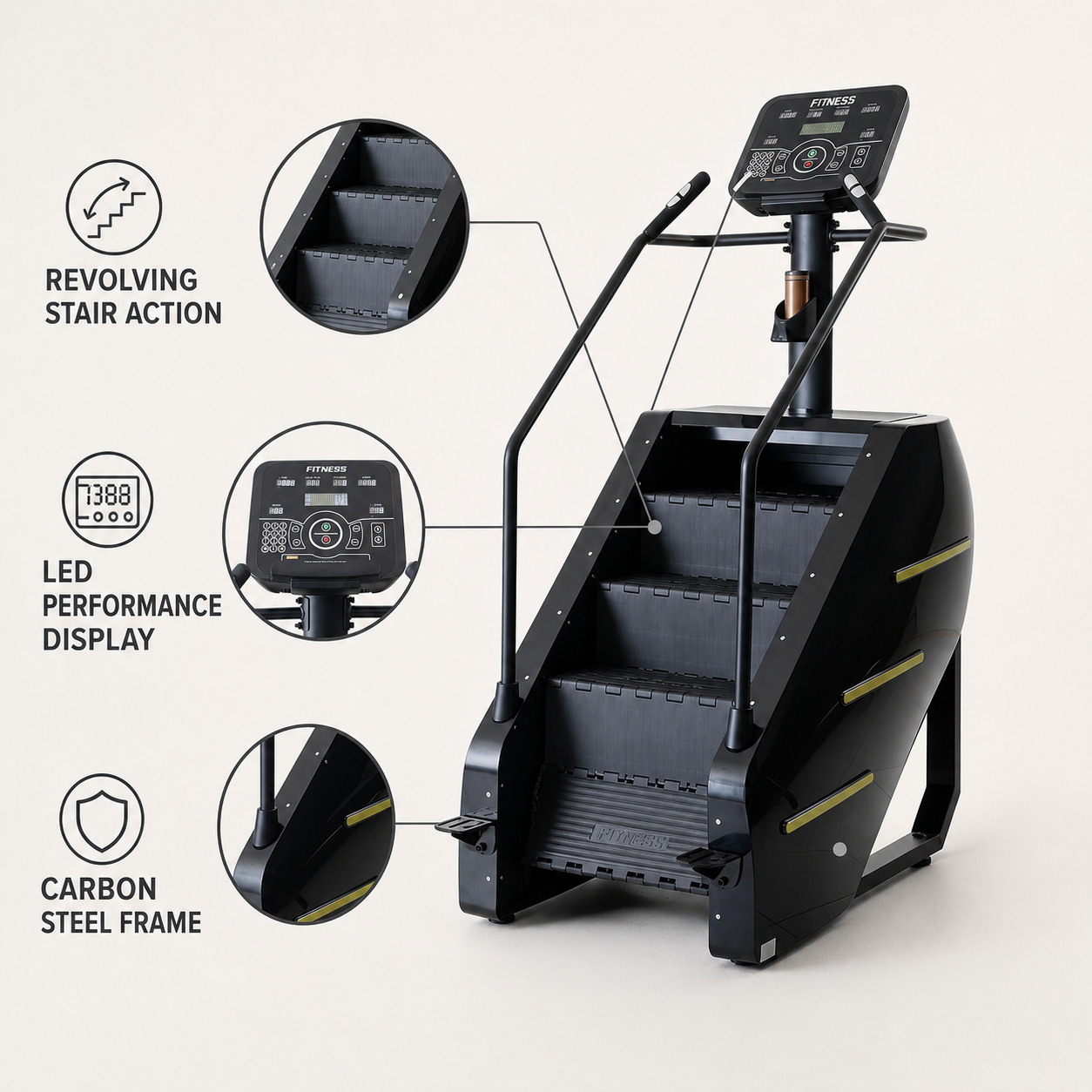 Stepmill stair climber feature overview with revolving stairs, LED display and carbon steel frame