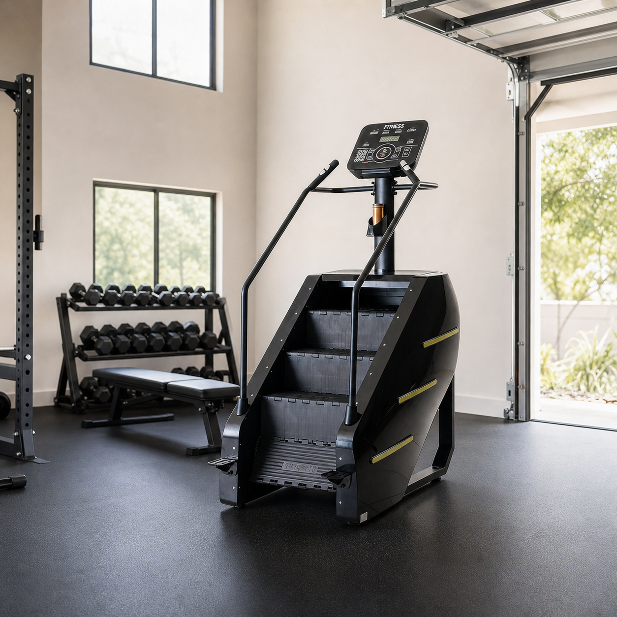 Black Stepmill stair climber in a high-ceiling home gym