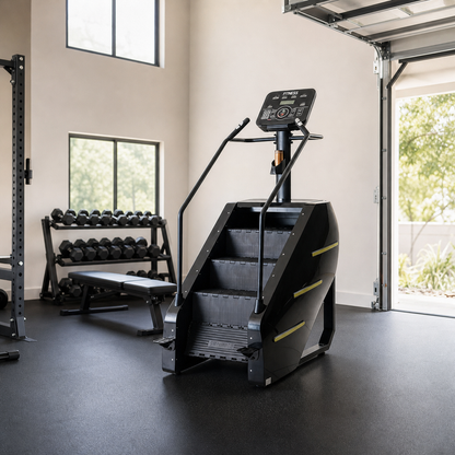 Black Stepmill stair climber in a high-ceiling home gym