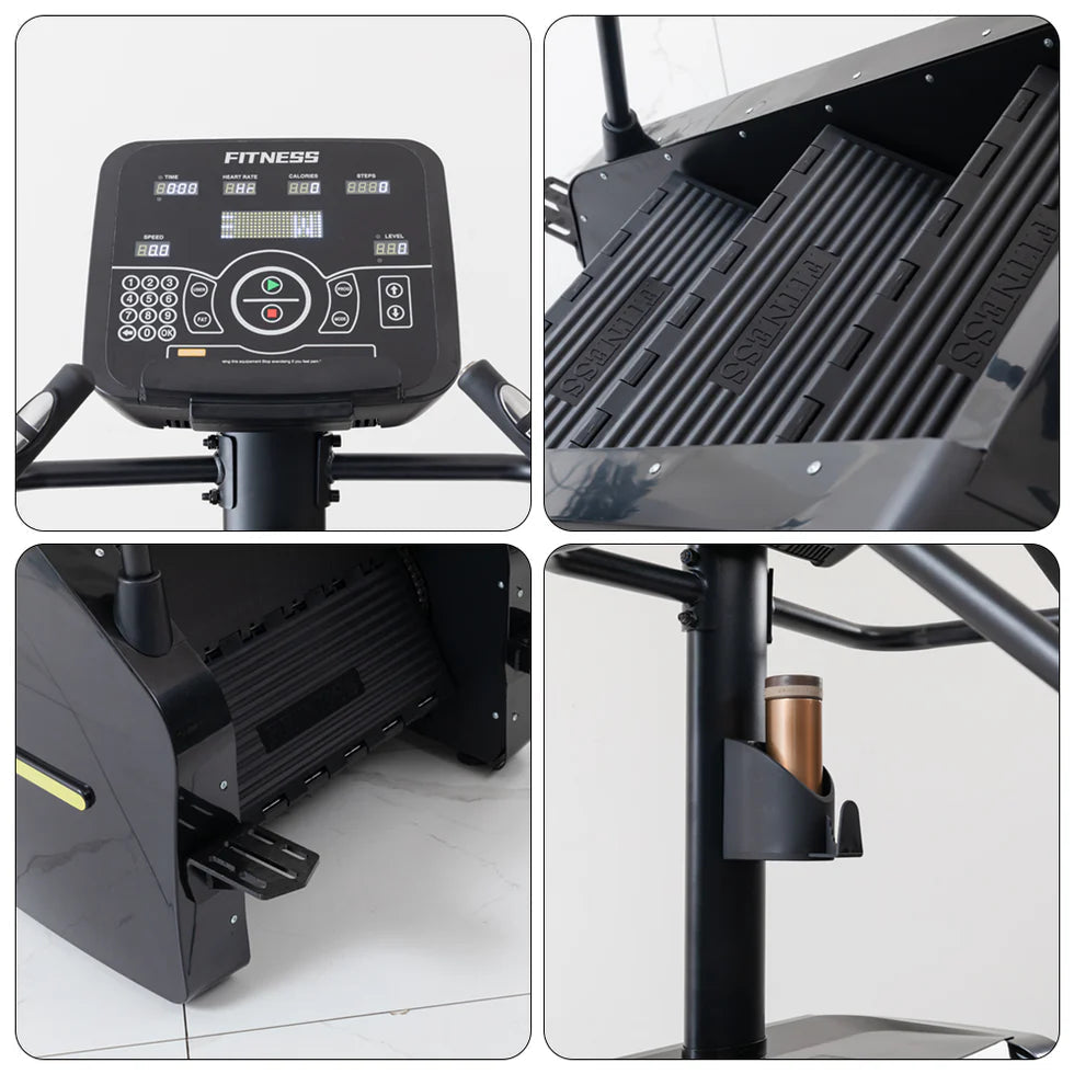 Stair climber console, textured steps, entry pedals and bottle holder details