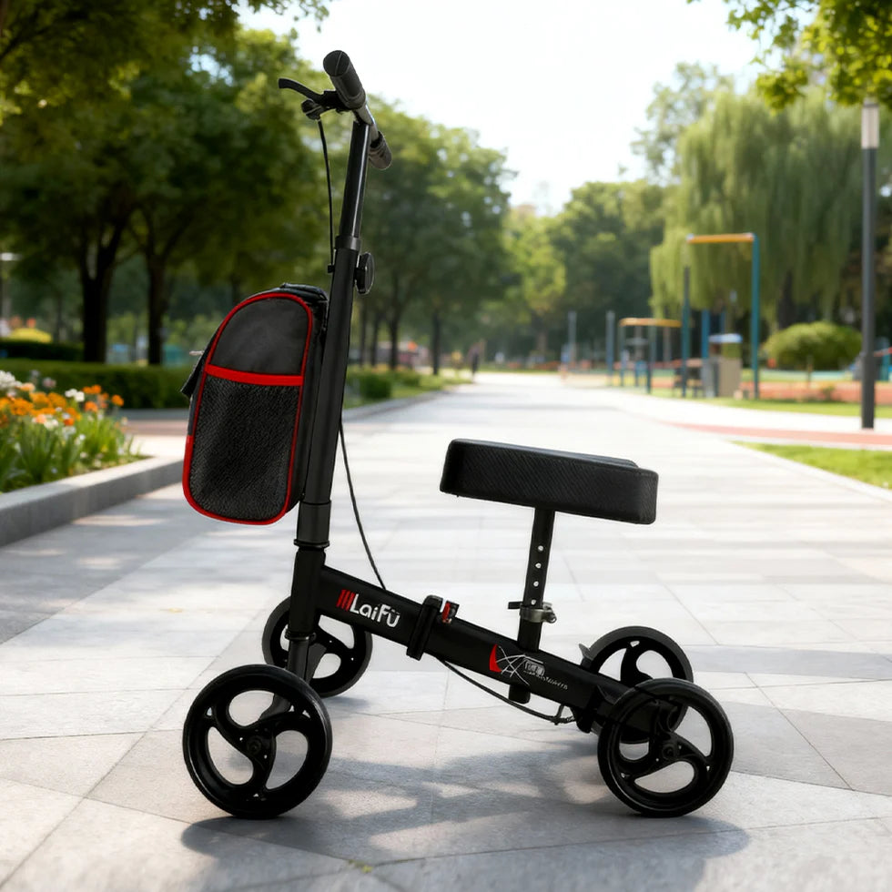 Foldable Knee Scooter Walker with Storage Bag – Adjustable Height, Non-Slip Wheels, Stylish Recovery Aid