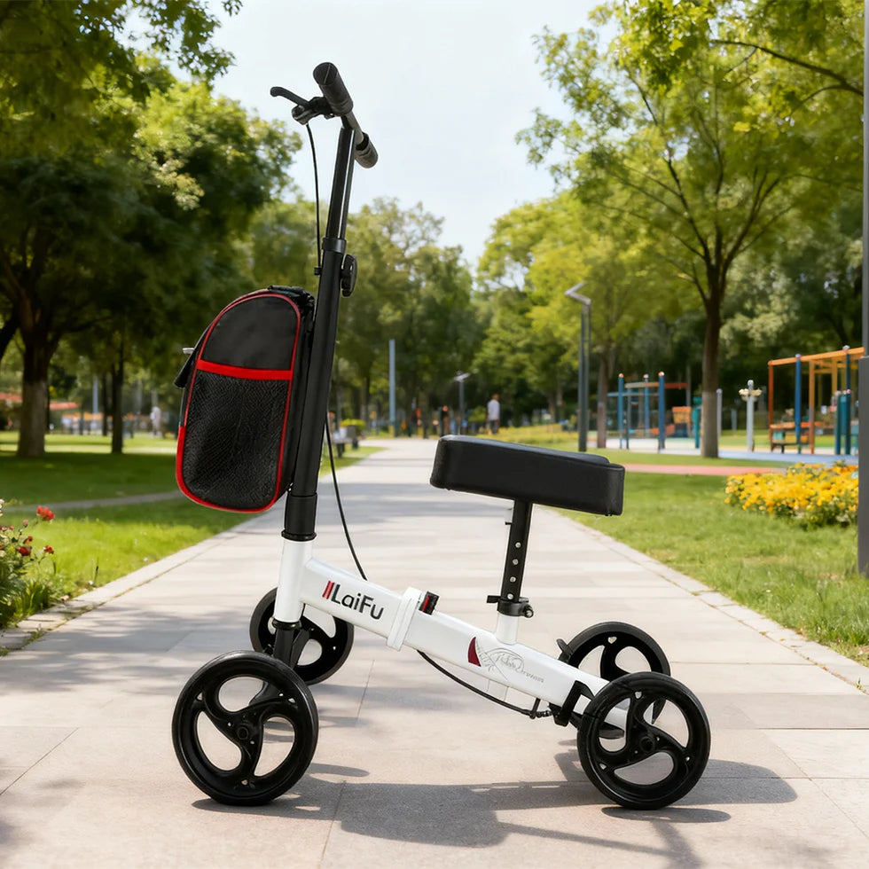 Foldable Knee Scooter Walker with Storage Bag – Adjustable Height, Non-Slip Wheels, Stylish Recovery Aid