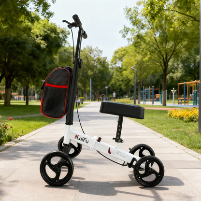 Foldable Knee Scooter Walker with Storage Bag – Adjustable Height, Non-Slip Wheels, Stylish Recovery Aid
