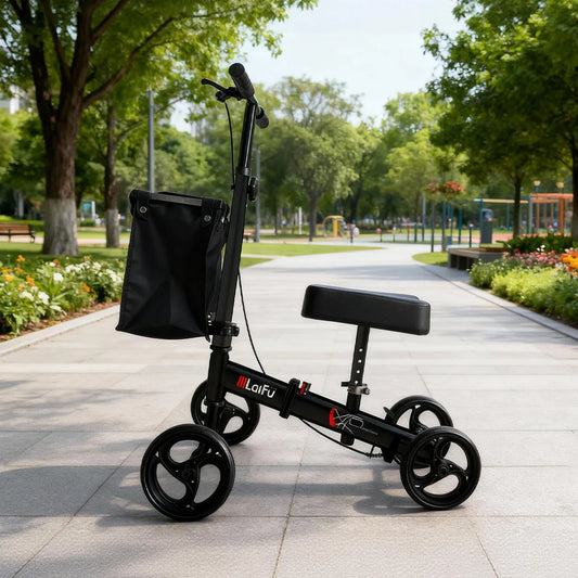 Foldable Knee Scooter Walker with Storage Bag – Adjustable Height, Non-Slip Wheels, Portable Recovery Aid