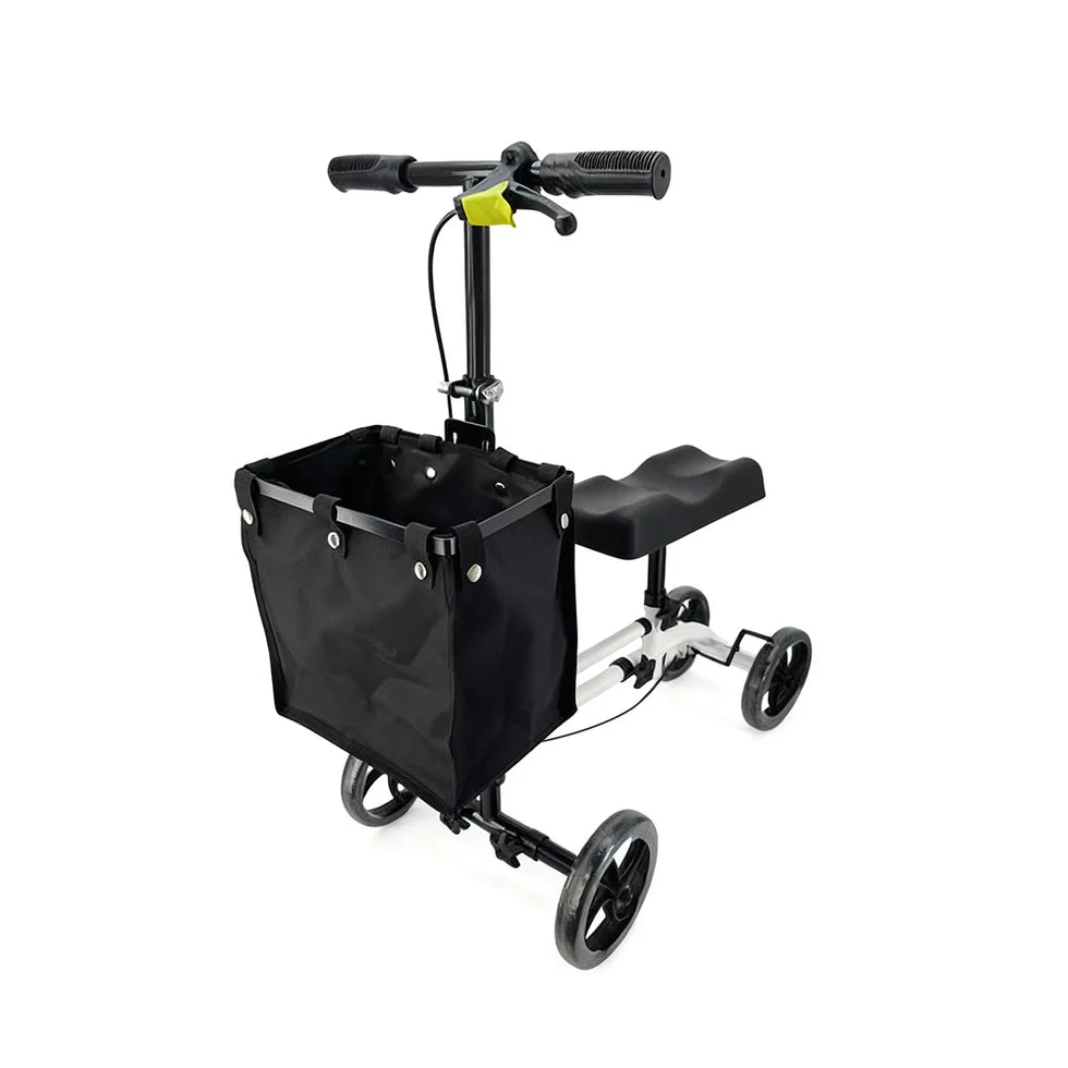 Foldable Knee Scooter Walker with Storage Bag – Adjustable Height, Stable Braking, Portable Mobility Aid