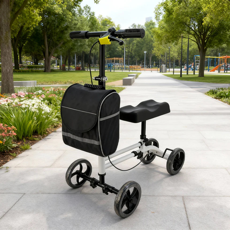 Foldable Knee Scooter Walker with Storage Bag – Adjustable Height, Stable Braking, Portable Mobility Aid