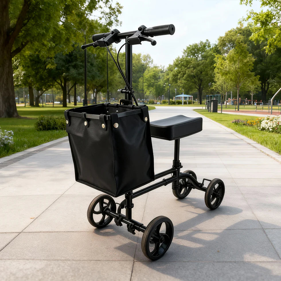 Foldable Knee Scooter Walker with Storage Bag – Adjustable Height, Stable Braking, Portable Mobility Aid