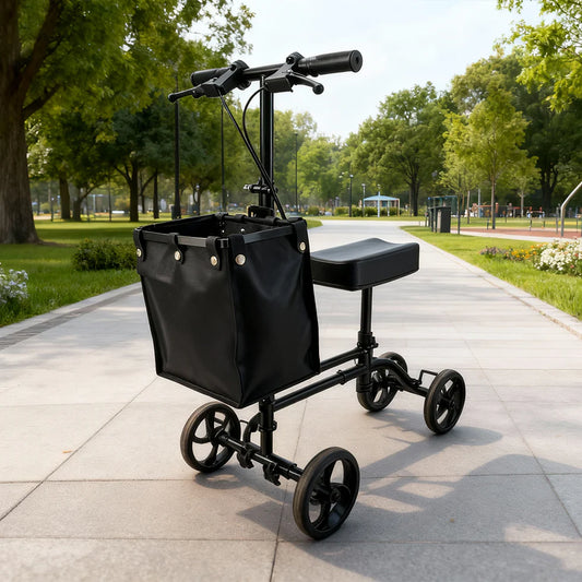 Foldable Knee Scooter Walker with Storage Bag – Adjustable Height, Stable Braking, Portable Mobility Aid