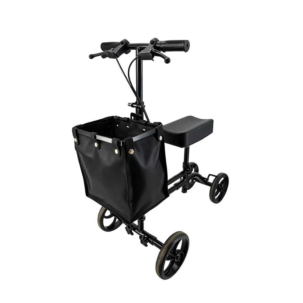 Foldable Knee Scooter Walker with Storage Bag – Adjustable Height, Stable Braking, Portable Mobility Aid