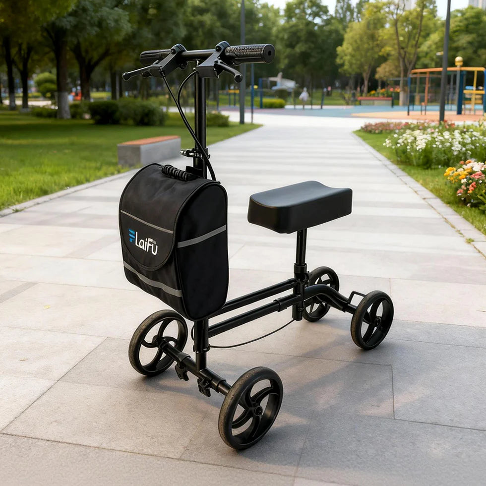 Foldable Knee Scooter Walker with Storage Bag – Adjustable Height, Stable Braking, Portable Mobility Aid