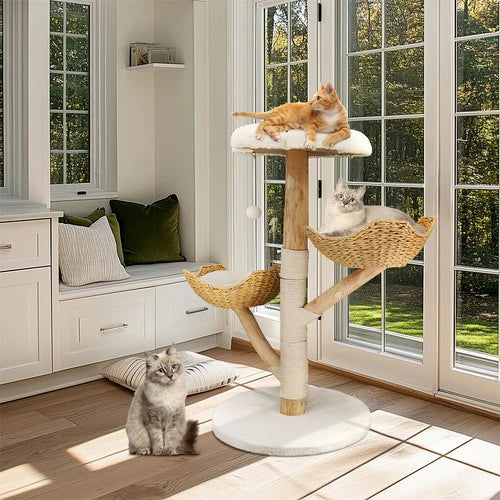 Large Multi-Level Cat Tree 111cm | Natural Wood Activity Tower