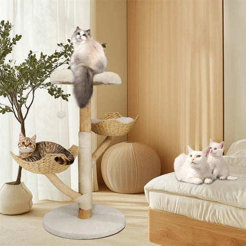Large Multi-Level Cat Tree 111cm | Natural Wood Activity Tower