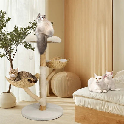 Large Multi-Level Cat Tree 111cm | Natural Wood Activity Tower